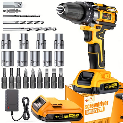 21V Cordless Drill Brushless Impact Wrench Multifunctional, Lithium Battery, Quick Charger, Variable Speed