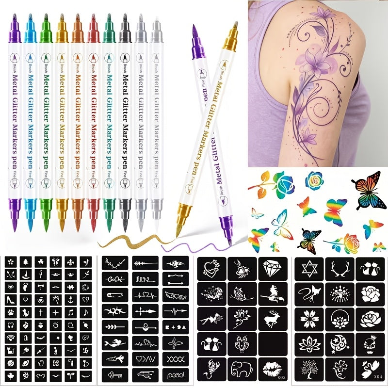 Double-Ended Tattoo Pen Set 10 Pcs with 114 Templates & Butterfly Stickers, Waterproof Sweat-Resistant DIY