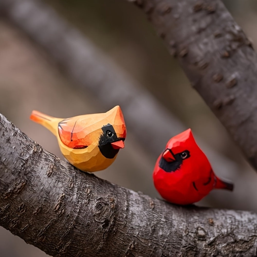 Cardinal Bird Statues Handmade Wood Carving 2pcs - Painted Decorative Bird Figurines for Home for Entryways, Bedrooms and Living Spaces