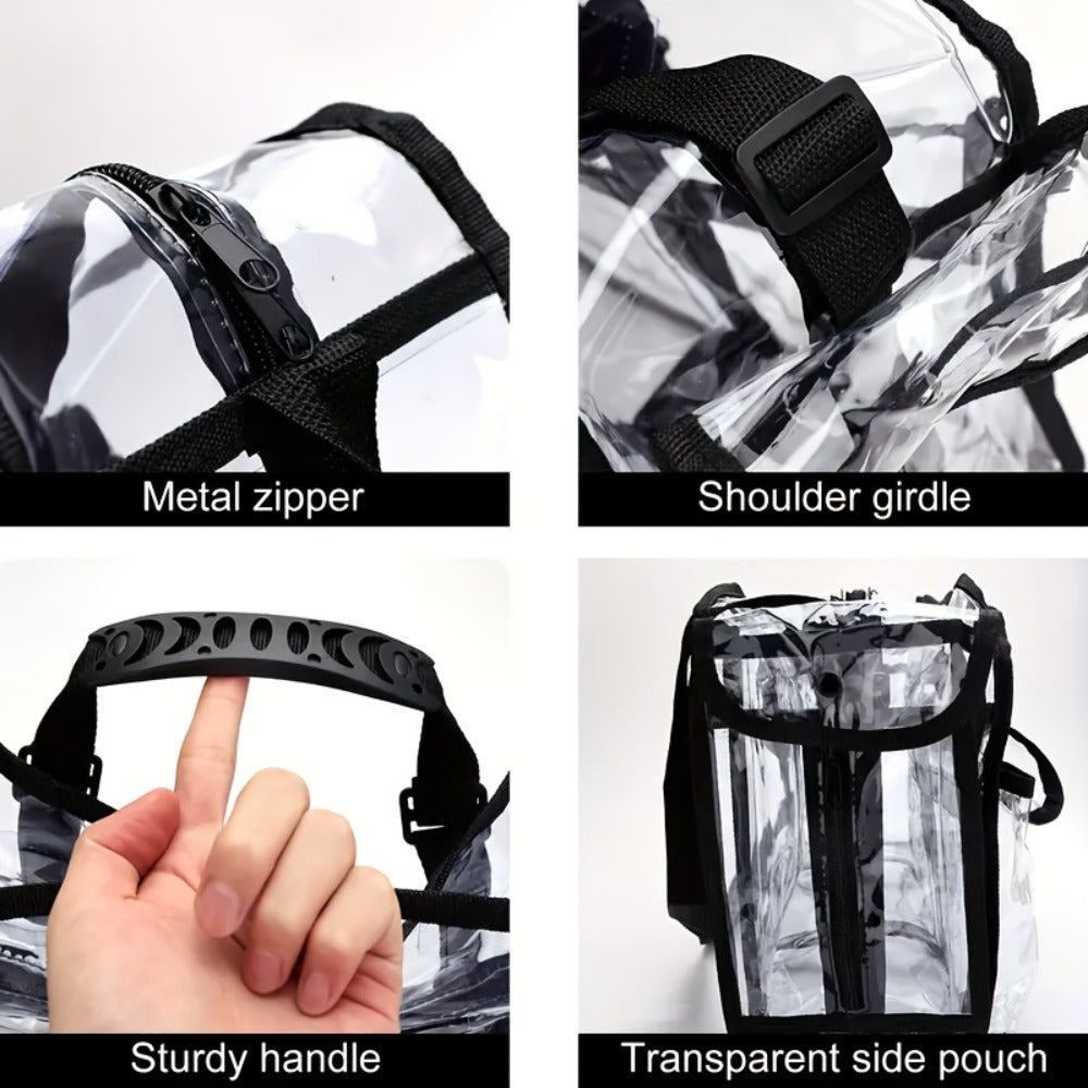 Stadium Approved Clear PVC Tote Bag Extra Large Transparent Shoulder Bag 3 External Pockets Adjustable Straps Waterproof for Men Women