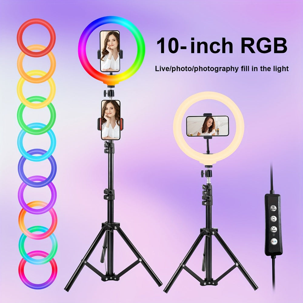 10- or 12-Inch USB Ring Light with Retractable Floor Tripod, Center Phone Holder and Lighting Options