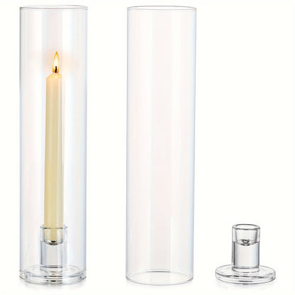 Hurricane Glass Candle Holders for Taper Candles, 11.8 Inch Tall Clear Cylinder Windproof Candlestick Stand for Wedding