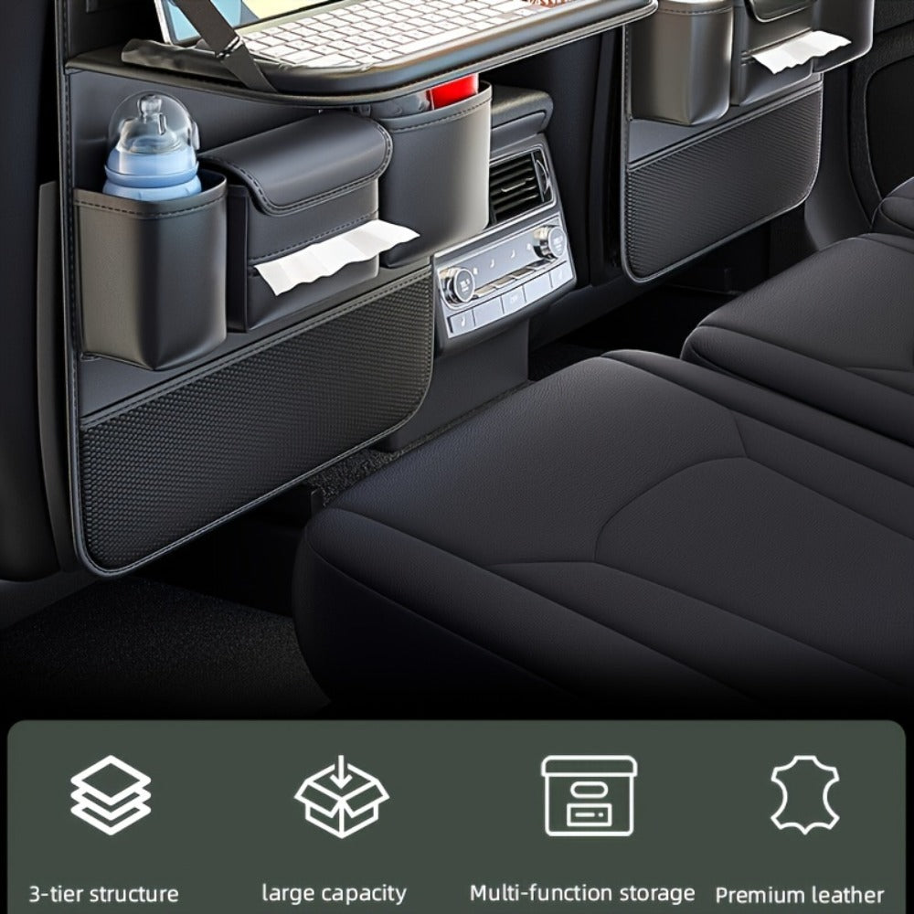 Seatback Car Organizer with Fold-Down Tray, Cup Recesses, Tissue Opening and One- or Two-Piece Packs