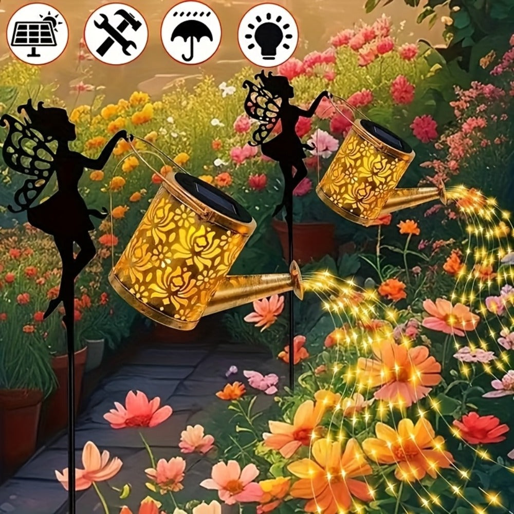 Solar Garden Lights 2-Piece Watering Can Waterfall String Lights, IP65 with Ground Stakes Set