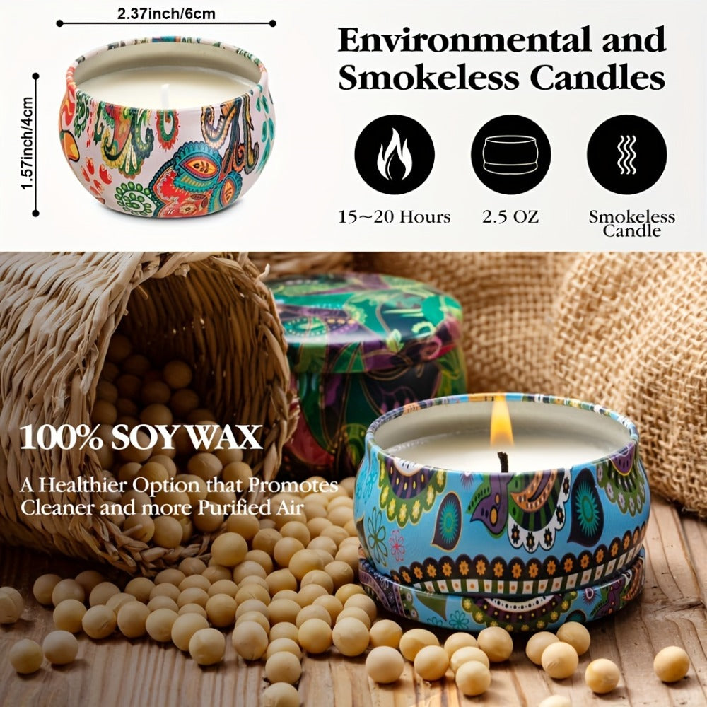 16-Piece Decorated Tin Candle Gift Set with Assorted Scent Labels and Pictured 2.5 oz Size