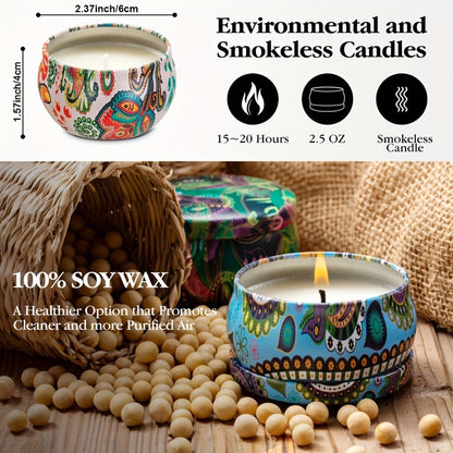 16-Piece Decorated Tin Candle Gift Set with Assorted Scent Labels and Pictured 2.5 oz Size