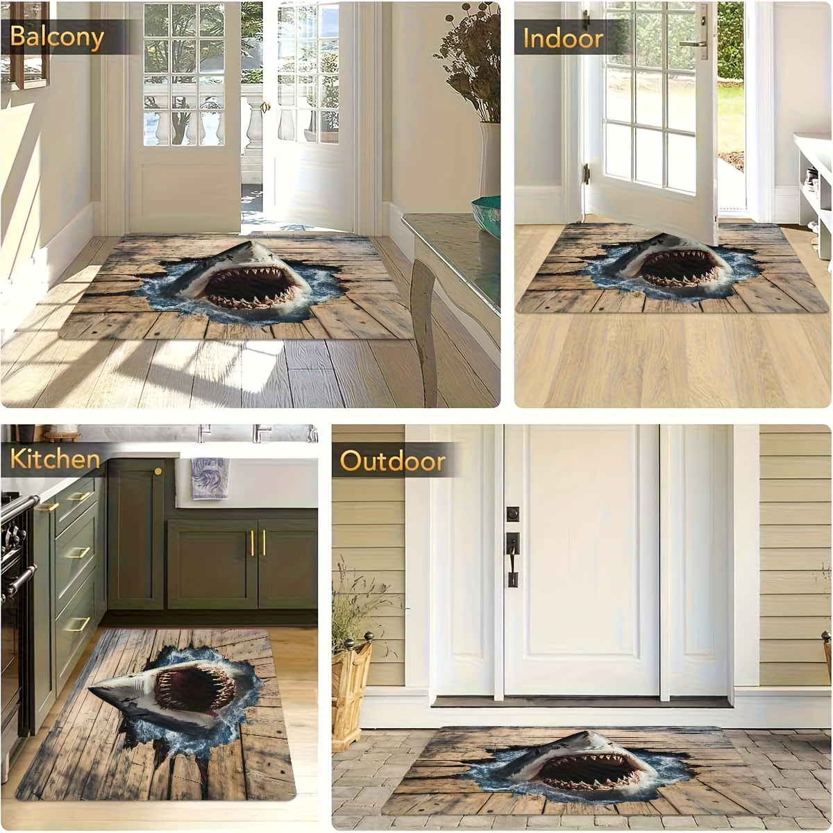 Shark Ocean Print Door Mat with Weathered Wood-Look Background in 40 x 60cm or 50 x 80cm Sizes