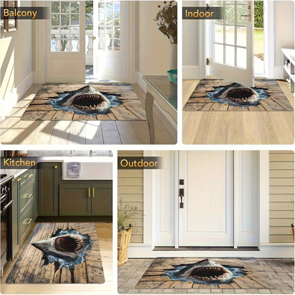 Shark Ocean Print Door Mat with Weathered Wood-Look Background in 40 x 60cm or 50 x 80cm Sizes