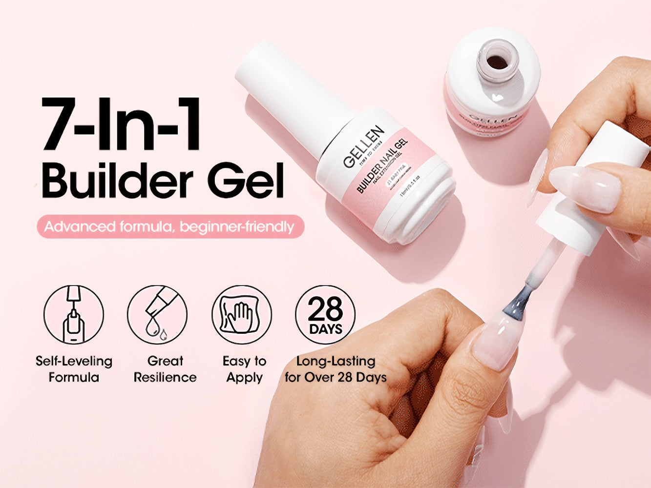 Hard Gel Nail Extension Builder Gel 7-in-1 Self-Leveling – 28+ Day Wear, LED UV Cured, 15ml, Clear Pink Nude Baby Pink Milky White