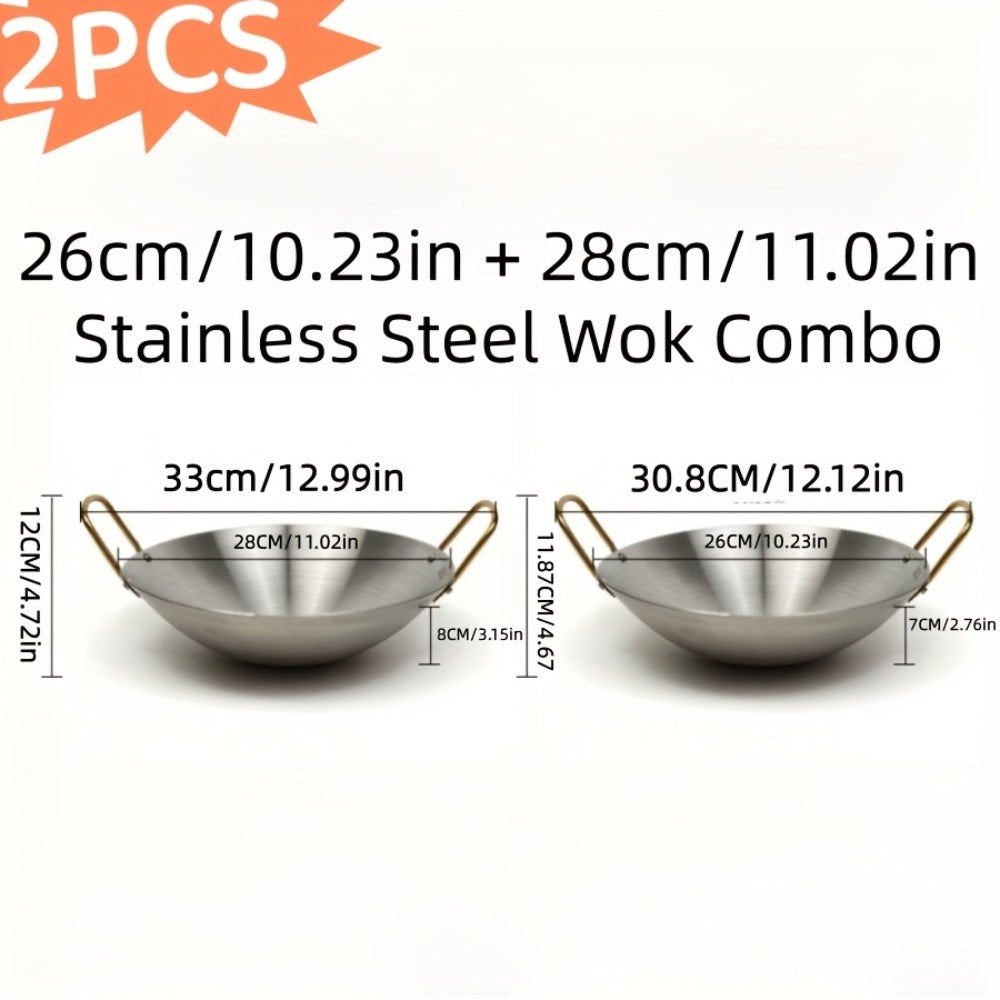 Stainless Steel Wok Set 2pcs 10in + 11in, Non-Stick Frying Pan with Stainless Steel Handle, Cookware for Home Kitchen & Outdoor Cooking