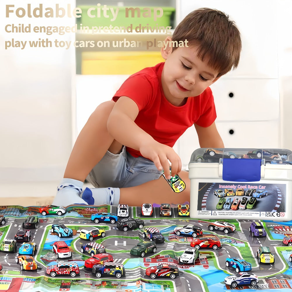 64 Pcs Pull Back Toy Car Set with City Map, Traffic Signs & Storage Box, 56 Mini Die-Cast Vehicles for Kids Boys Girls Ages 3+