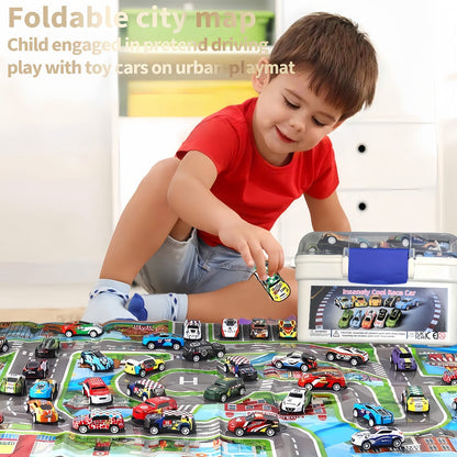 64 Pcs Pull Back Toy Car Set with City Map, Traffic Signs & Storage Box, 56 Mini Die-Cast Vehicles for Kids Boys Girls Ages 3+