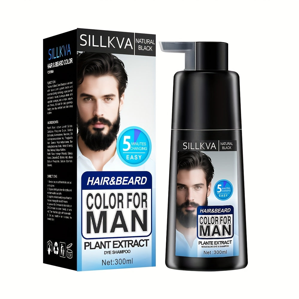 Men's 3-in-1 Black Hair & Beard Dye Shampoo, 8-Minute Gray Coverage, Ammonia-Free Natural Color