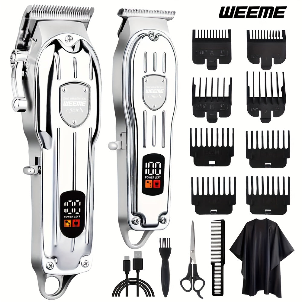 Hair Clipper WEEME 819 Gold or Silver Two-Tool Set with LCD Displays, USB Charging and Eight Guide Combs