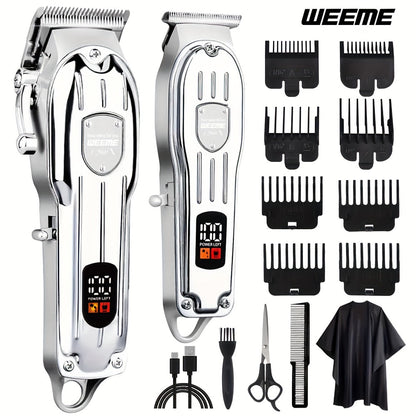 Hair Clipper WEEME 819 Gold or Silver Two-Tool Set with LCD Displays, USB Charging and Eight Guide Combs