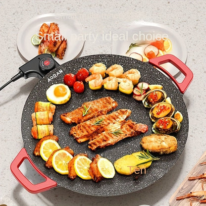 Korean BBQ Grill Pan, Round Non-Stick Multi-Functional Electric Grill Pan with Red Handle & Adjustable Settings