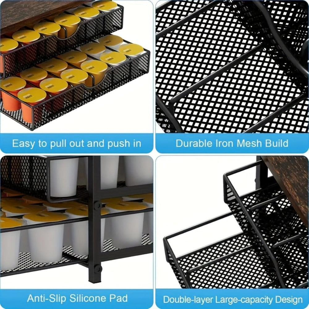 Coffee Pod Holder K-Cup Storage Drawer with Sliding Basket, 48-Capsule Double Layer Coffee Capsule Organizer for Countertop