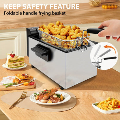 Black Stainless-Steel Deep Fryer with 1.5L to 6L Options, Enamel Inner Pot and Foldable Basket Handle