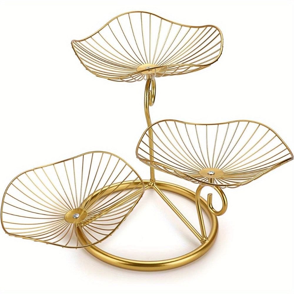 Fruit Basket Stand 3-Tier Decorative Iron Metal Wire Fruit Bowl with Lotus Leaf Design, Countertop Holder for Fruits Vegetables Bread