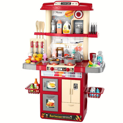 Play Kitchen Set with Lights Sounds & Spray, Toy Kitchen Playset with Oven Sink Fridge & Play Food for Kids Ages 3 4 5 6 7 8