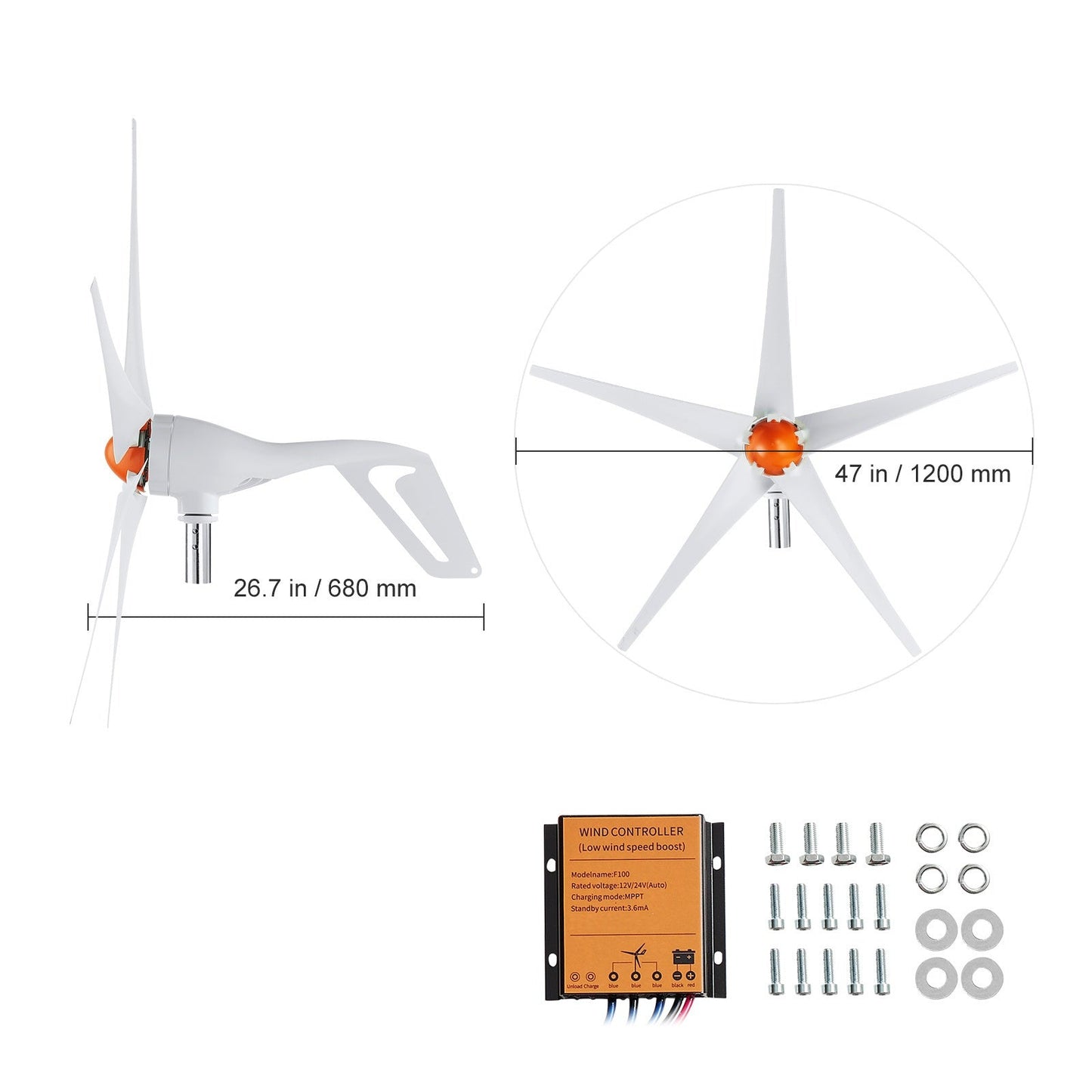 Wind Turbine Generator 500W 12V 5-Blade MPPT Controller Home Power System Kit for RV Boat Farm Off-Grid Energy