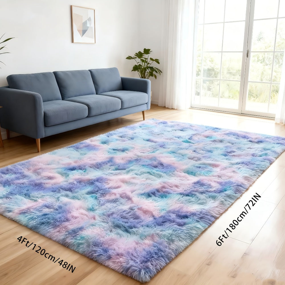 Area Rug, 4x6 Foot High-Pile Shaggy Indoor Carpet in Blue or Tie-Dye Rainbow Purple Color Options