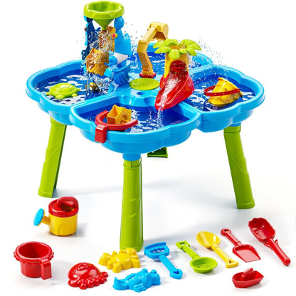 4-in-1 Sand & Water Table for Toddlers & Kids, Outdoor Sensory Play Sandbox Activity Table with Beach Toys