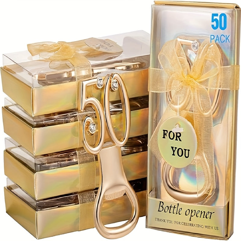 Rhinestone Bottle Opener Party Favors 50 Pack – Gold 50th Birthday & Wedding Anniversary Souvenirs for Guests