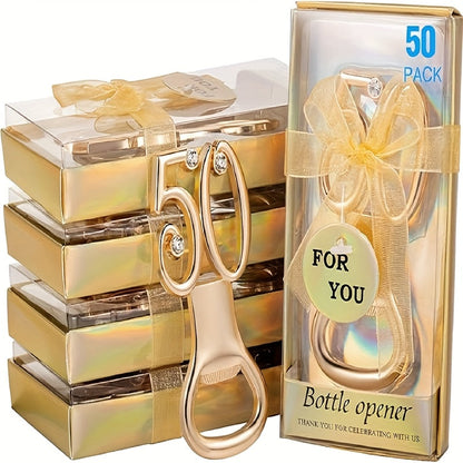 Rhinestone Bottle Opener Party Favors 50 Pack – Gold 50th Birthday & Wedding Anniversary Souvenirs for Guests
