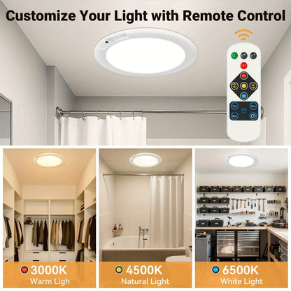 Rechargeable LED Ceiling Light with Motion Sensor, Remote Control Dimmable, 3 Color Temps 3000K/4500K/6500K