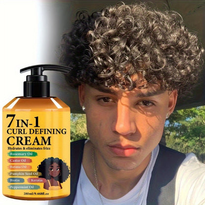 Curl Cream for Wavy & Curly Hair 9.47oz – 7-in-1 Moroccan Argan Oil & Rosemary Formula for Long-Lasting Hold