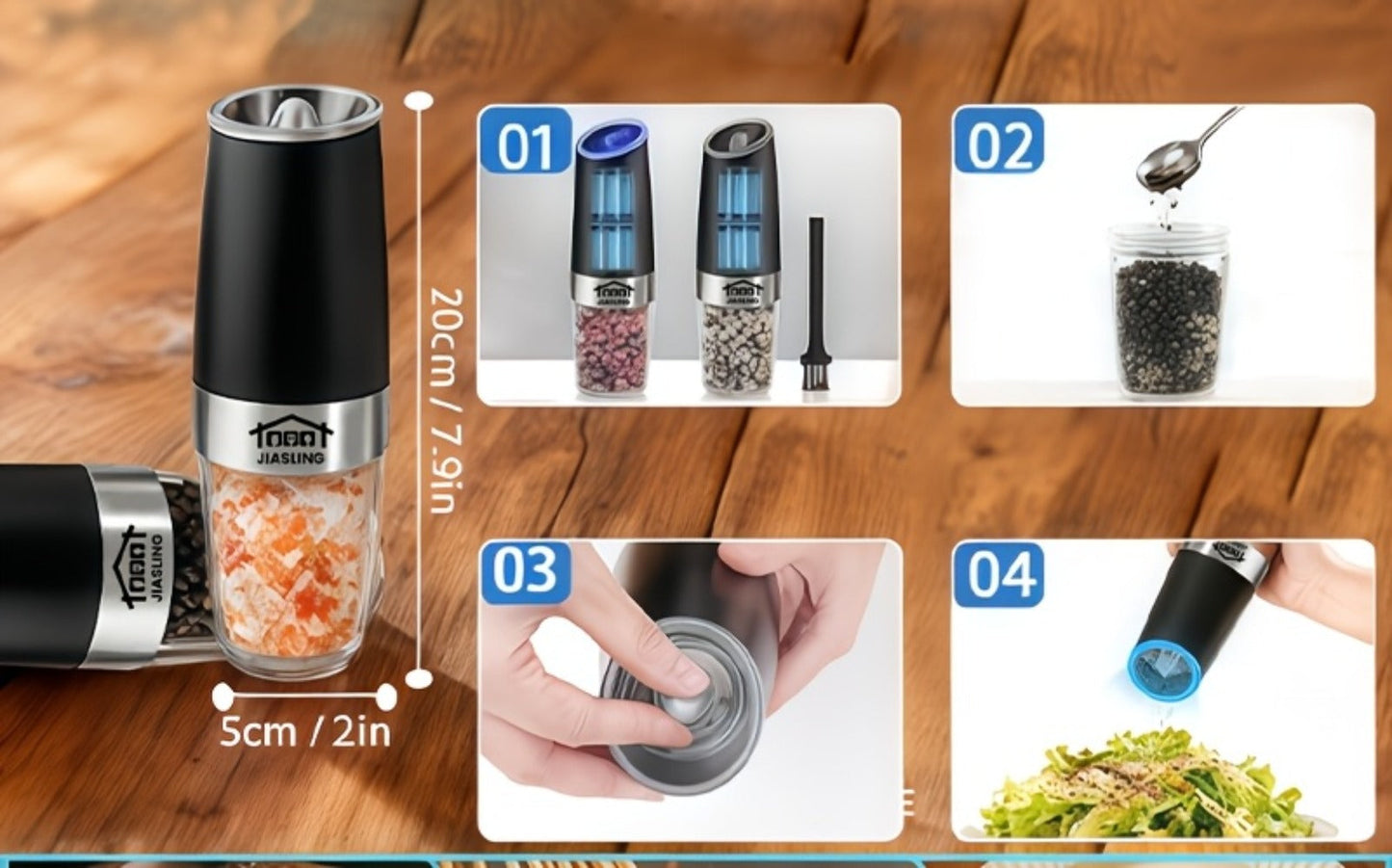 Electric Salt and Pepper Grinder Set 2PCS, Battery-Powered, LED Light, One-Handed Operation, Adjustable Coarseness