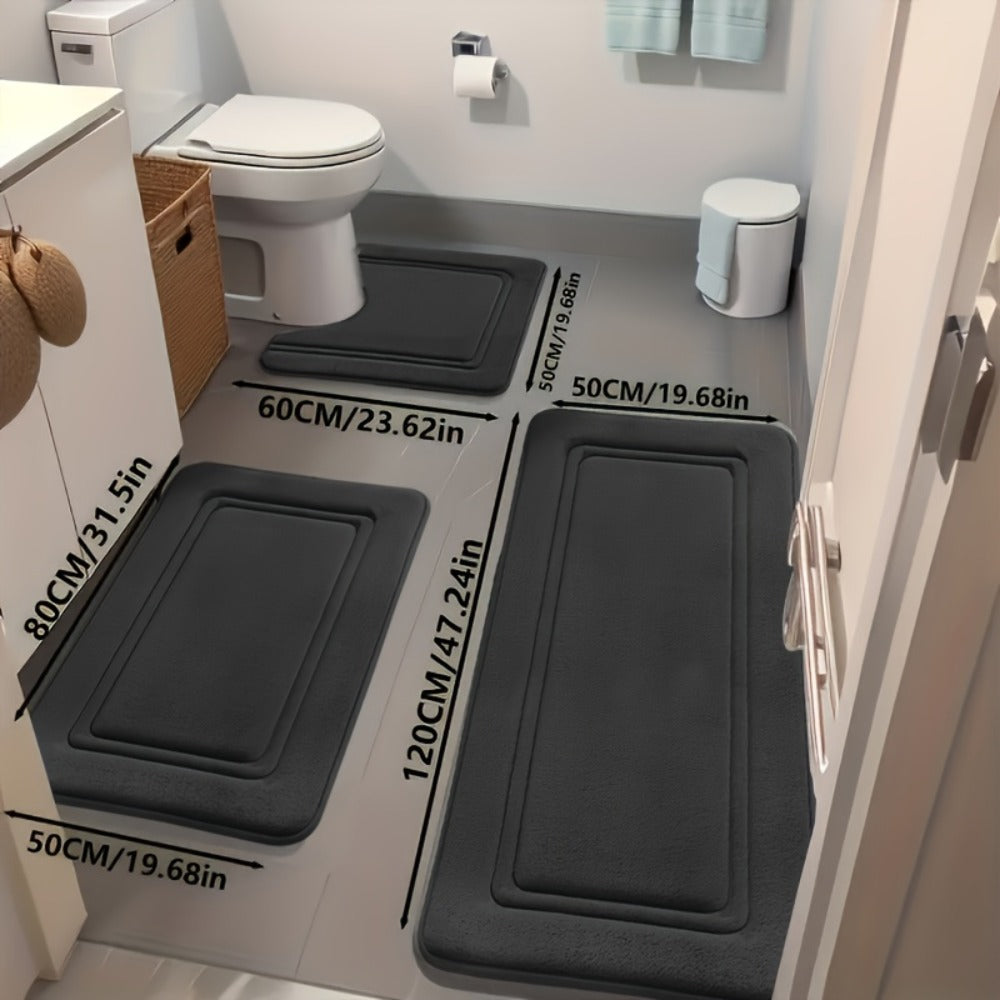 Three-Piece Bathroom Mat Set with 50 × 120, 50 × 80 and 50 × 60 cm Rugs in Five Solid Colors