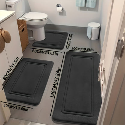 Three-Piece Bathroom Mat Set with 50 × 120, 50 × 80 and 50 × 60 cm Rugs in Five Solid Colors