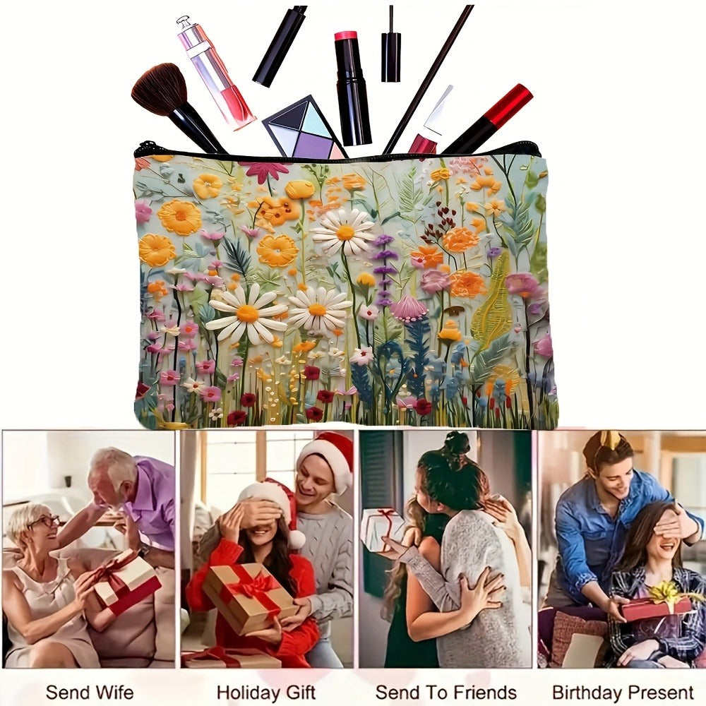Makeup Bag Four-Piece Daisy Floral Foldable Zipper Pouch Set for Travel, Vanity and Everyday Beauty Storage