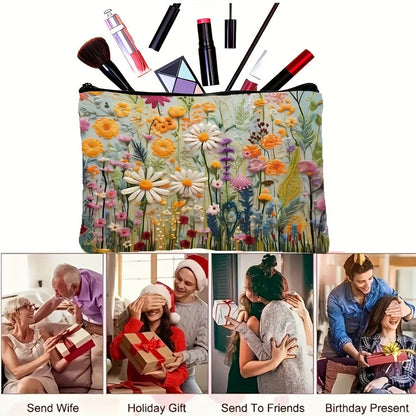 Makeup Bag Four-Piece Daisy Floral Foldable Zipper Pouch Set for Travel, Vanity and Everyday Beauty Storage
