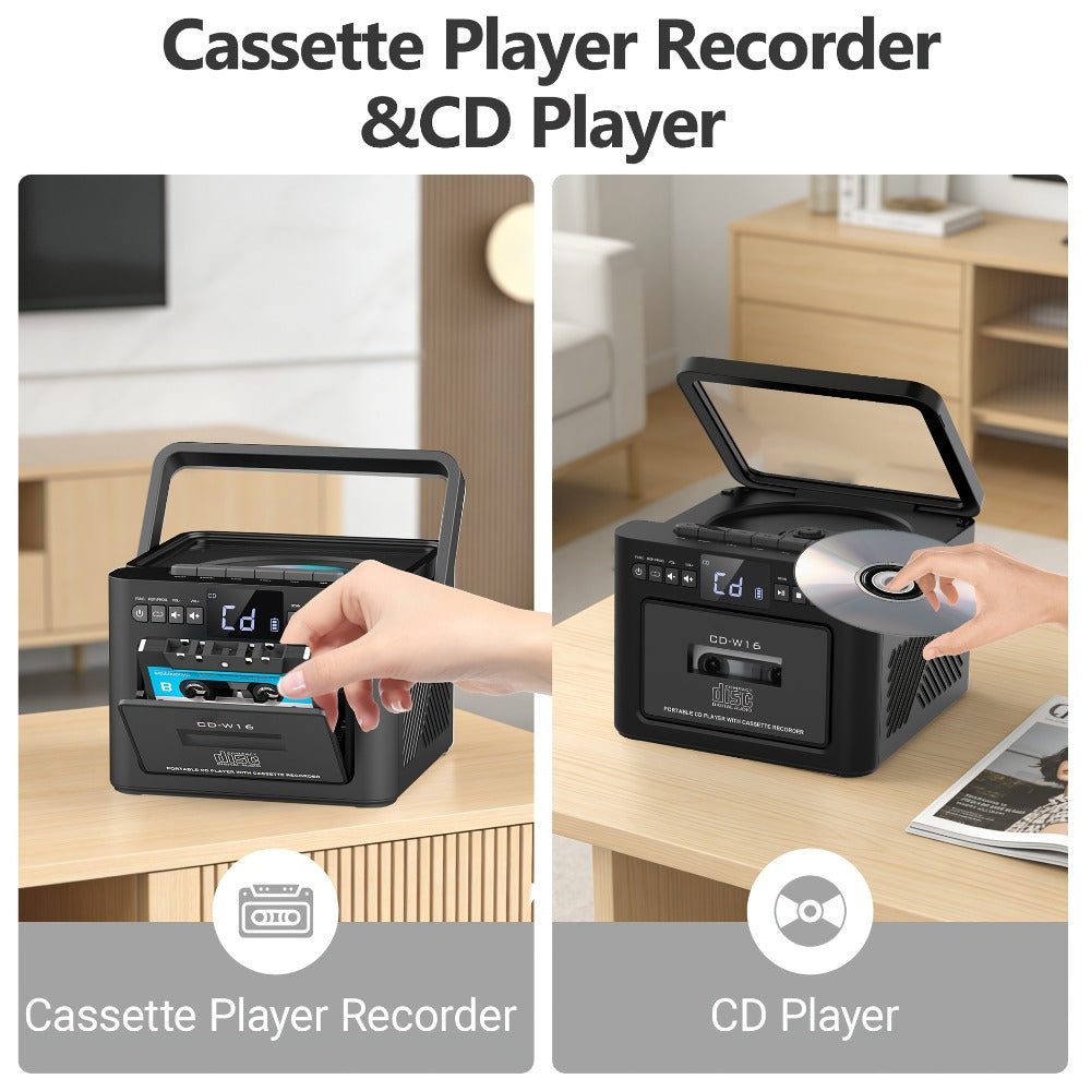 Portable Boombox CD Player with Cassette Tape, FM Radio & MP3 Player, HiFi Stereo Speaker System