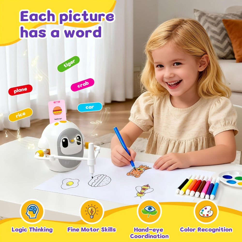 Drawing Robot for Kids Penguin, 200 Learning Cards & 12 Color Pens, STEM Art Educational Toy, Screen-Free Interactive Drawing Game