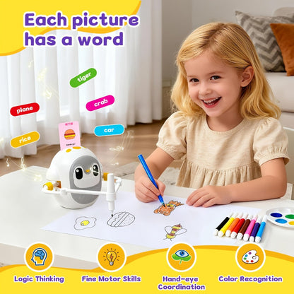 Drawing Robot for Kids Penguin, 200 Learning Cards & 12 Color Pens, STEM Art Educational Toy, Screen-Free Interactive Drawing Game