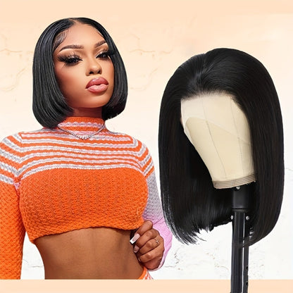 Straight Bob Human-Hair 4x4 Lace Closure Wig in Black with 8, 12, 14 or 16-Inch Length Options