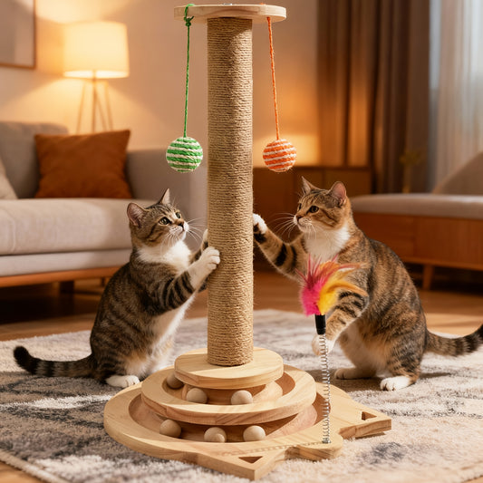 Multi-Level Sisal Cat Scratching Post 4-in-1 with 6 Wooden Balls 2 Hanging Balls & 2 Feather Teaser Toys – Premium Thickened Sisal Anti-Slip