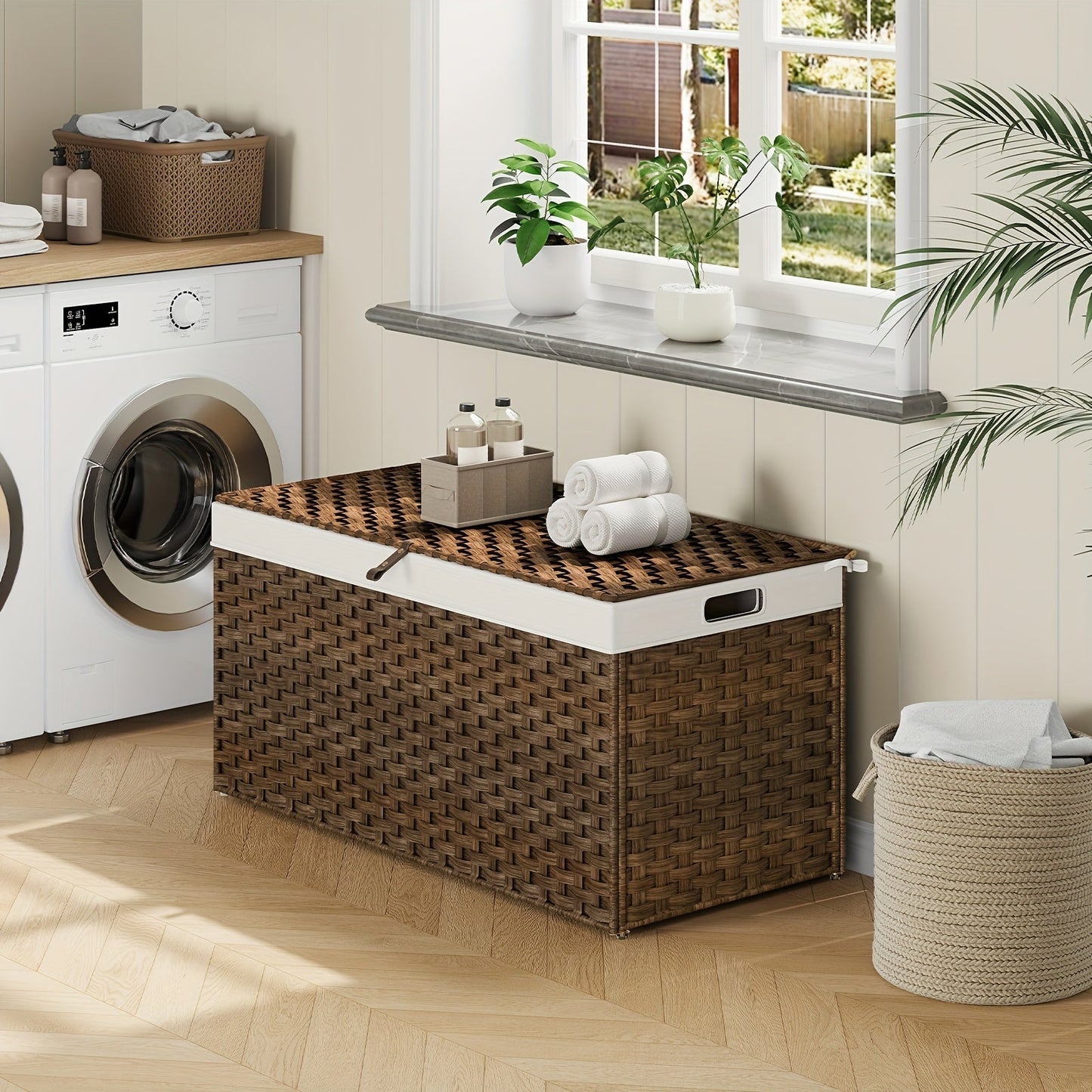 Large Wicker Storage Basket with Lid, Handles, Soft Lining, Metal Frame in a 220L Lidded Format