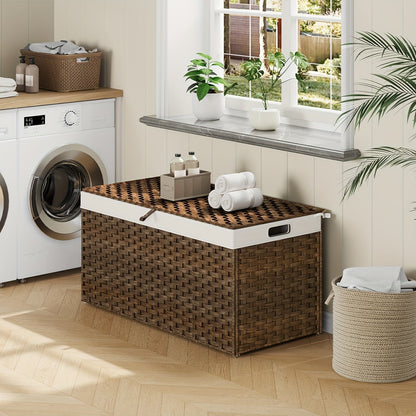 Large Wicker Storage Basket with Lid, Handles, Soft Lining, Metal Frame in a 220L Lidded Format