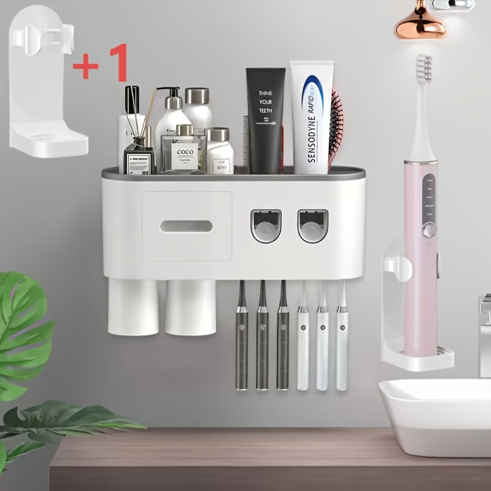 Wall-Mounted Toothbrush Organizer with Dispenser, Side Brush Stand and Two- or Three-Cup Options