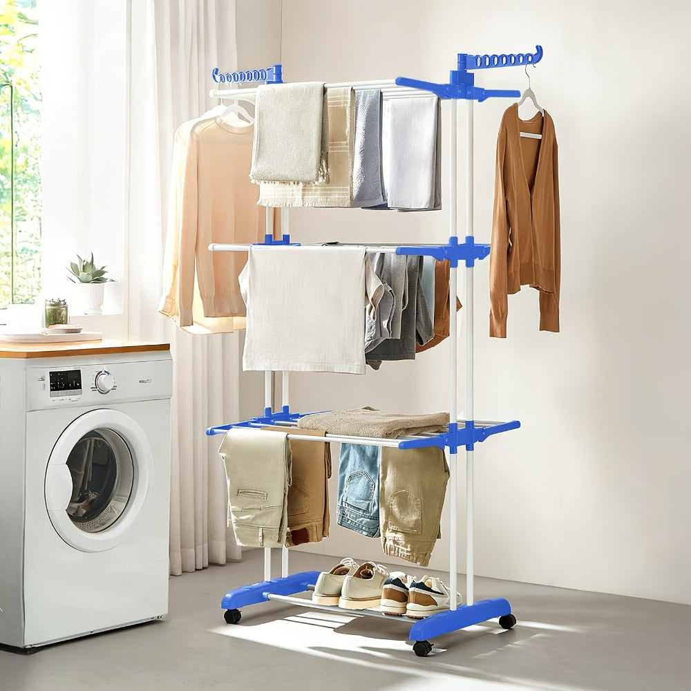 Clothes Drying Rack 4-Tier Foldable Metal Laundry Rack with Rolling Casters, Holds 30+ Garments, Adjustable Shelf Heights