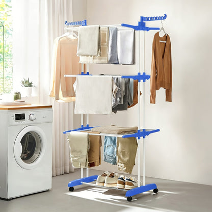 Clothes Drying Rack 4-Tier Foldable Metal Laundry Rack with Rolling Casters, Holds 30+ Garments, Adjustable Shelf Heights