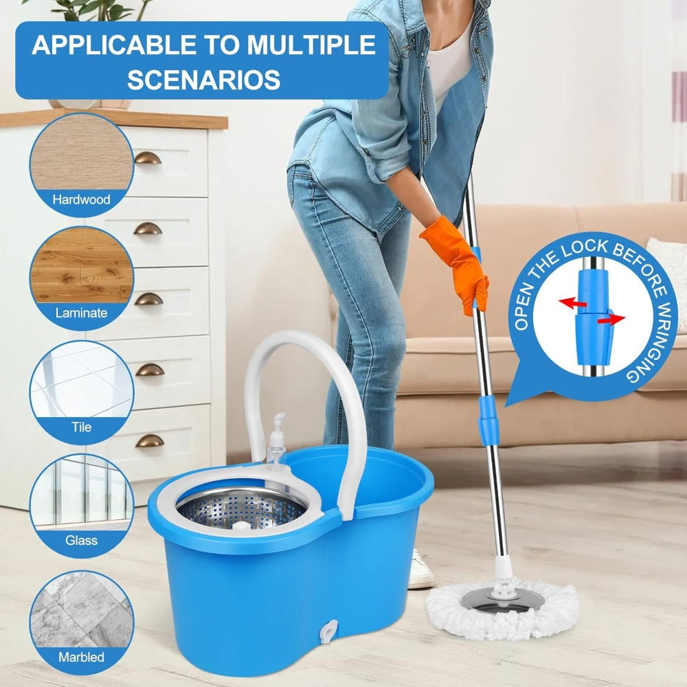 360 Spin Mop and Bucket Set with Wringer – Stainless Steel Extended Handle Spinning Mop Bucket System with Microfiber Mop Refills