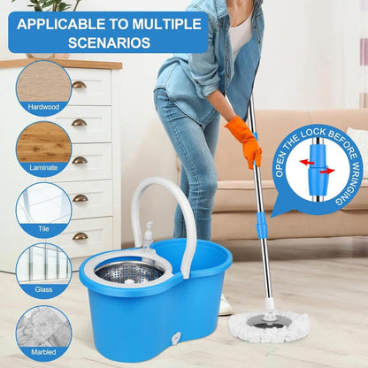 360 Spin Mop and Bucket Set with Wringer – Stainless Steel Extended Handle Spinning Mop Bucket System with Microfiber Mop Refills