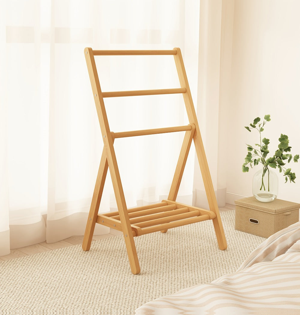 Bamboo Drying Rack 3 Tier Foldable with Storage Box – Space Saving Freestanding Clothes Hanger for Apartment, Bedroom, Bathroom & Balcony