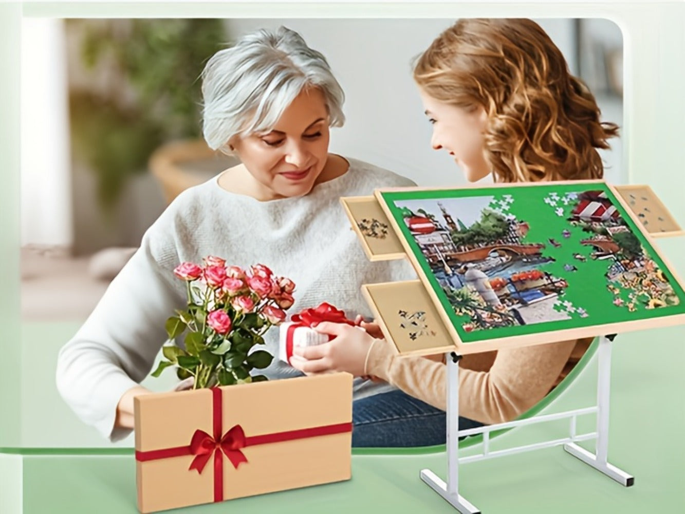 Jigsaw Puzzle Table with 4 Drawers 1500 Pieces – Adjustable Angle & Height 35"x26" Tilting Wood Board with Metal Legs